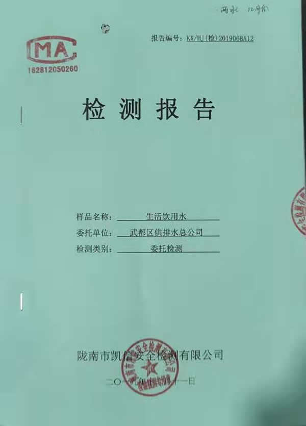 2019年12月11日武都城區(qū)飲用水檢測報告