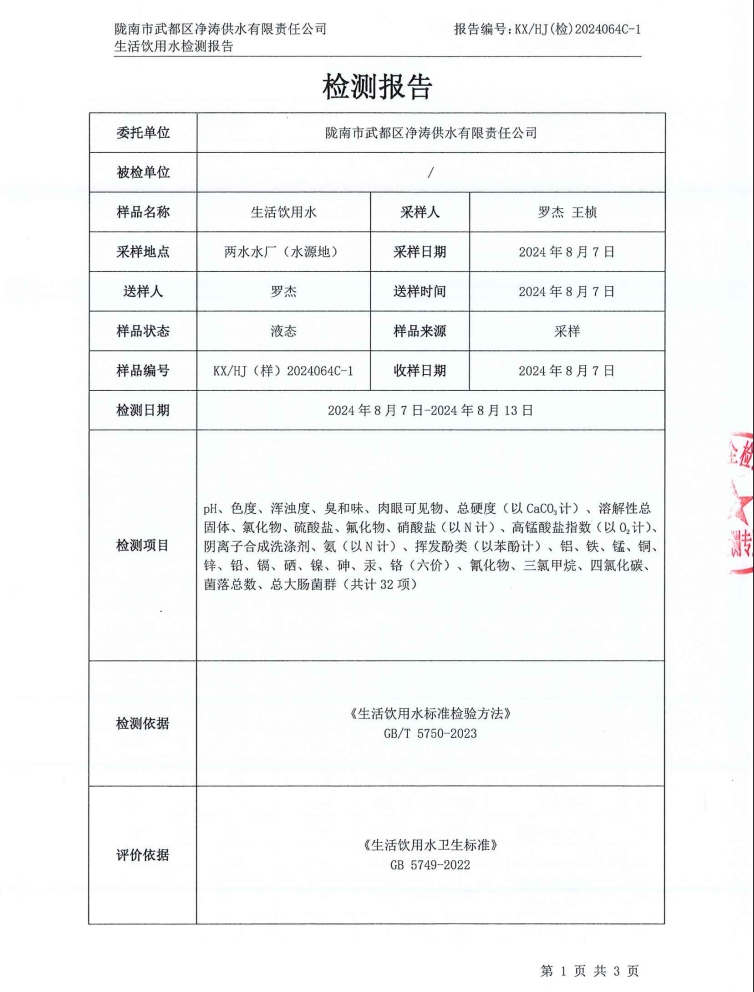 2024年8月16日武都城區(qū)飲用水檢測(cè)報(bào)告