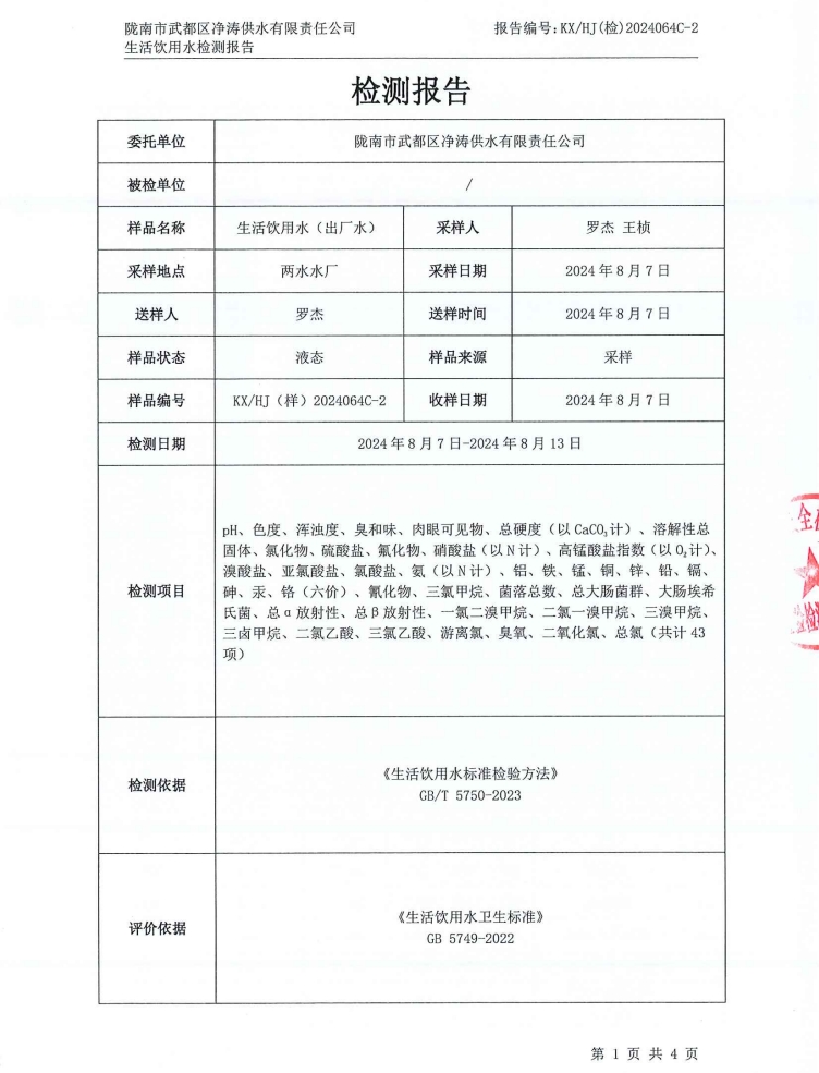 2024年8月16日武都城區(qū)飲用水檢測(cè)報(bào)告